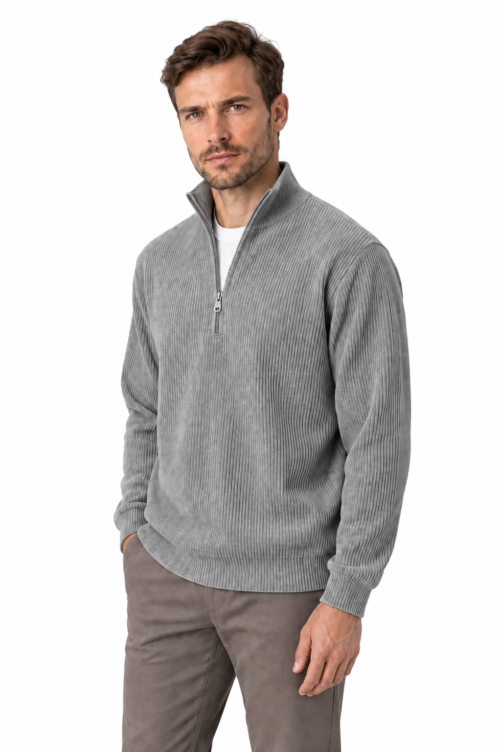 Ventorino vertical-rib corduroy quarter-zip sweatshirt in gray — model view