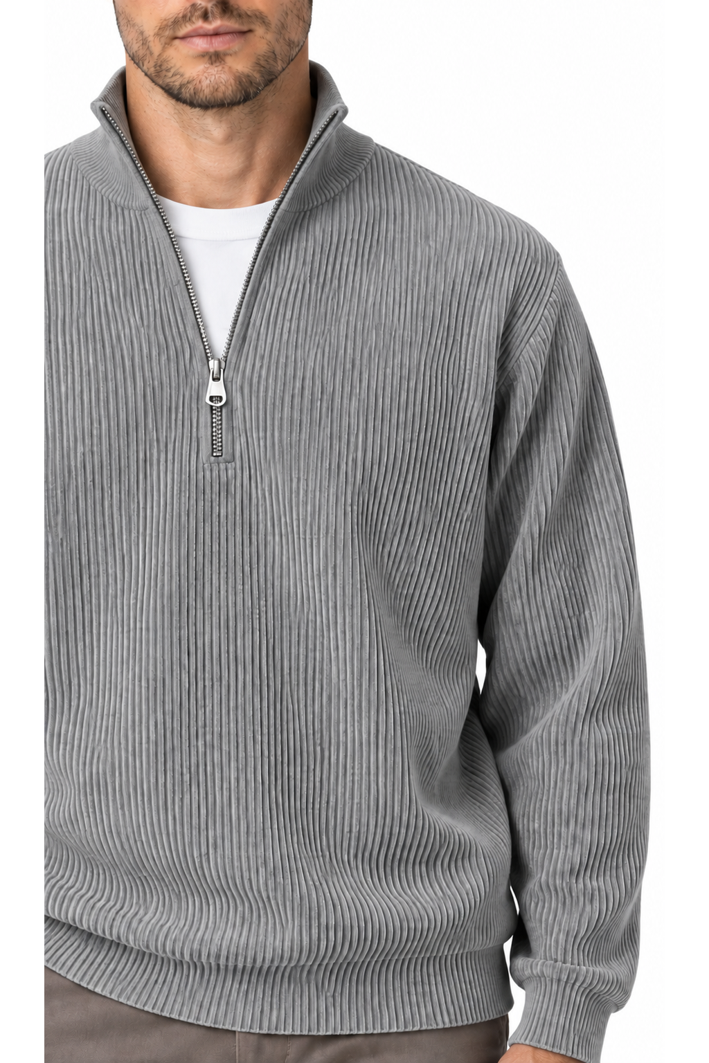 Ventorino vertical-rib corduroy quarter-zip sweatshirt in gray — zipper and fabric detail