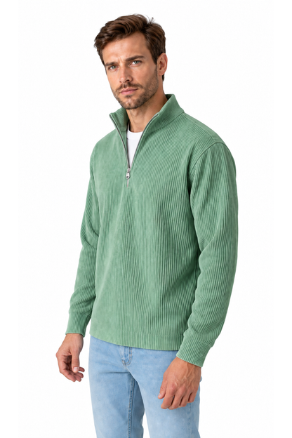 Ventorino vertical-rib corduroy quarter-zip sweatshirt in green — model view