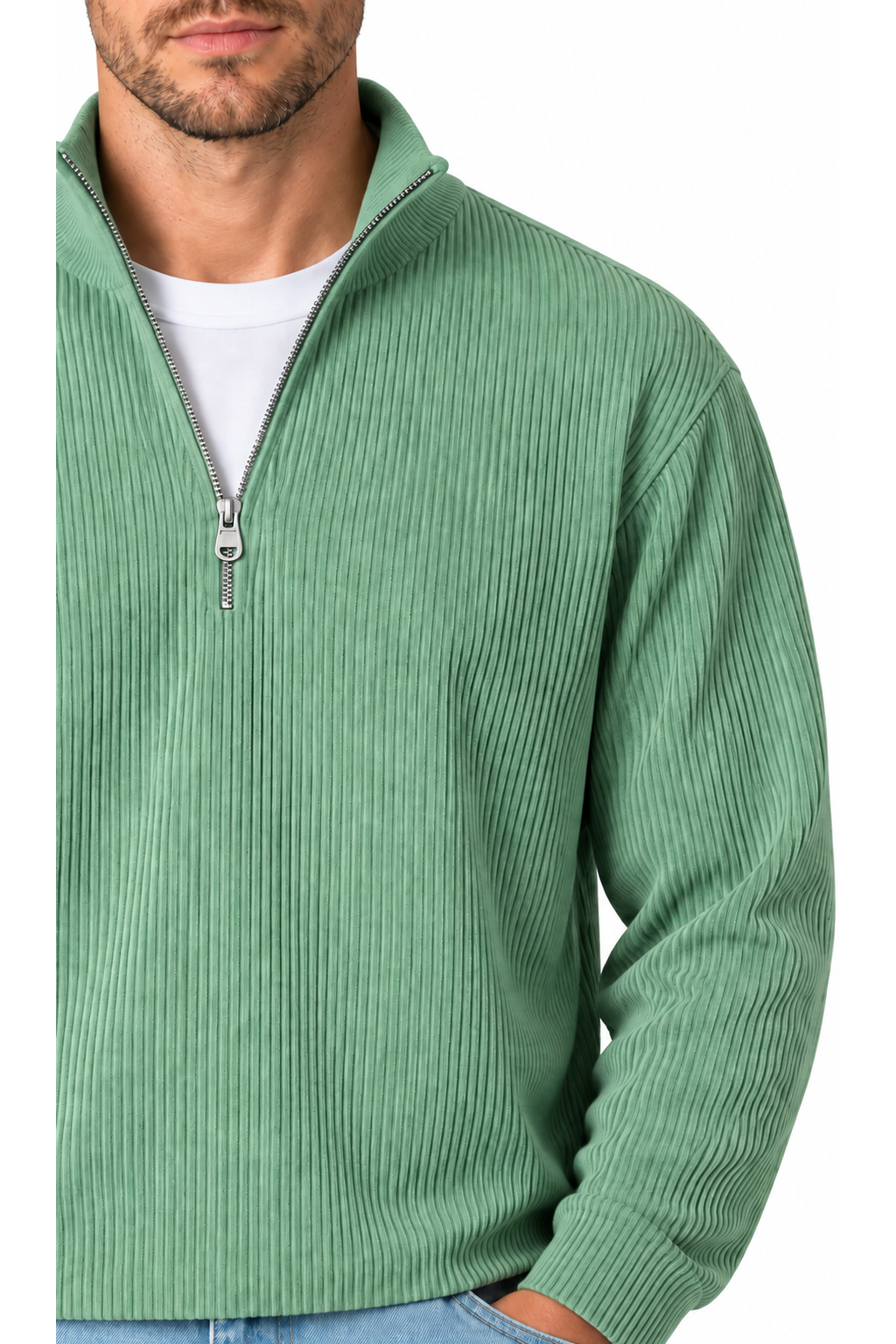 Ventorino vertical-rib corduroy quarter-zip sweatshirt in green — zipper and fabric detail