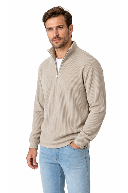 Ventorino vertical-rib corduroy quarter-zip sweatshirt in khaki — model view