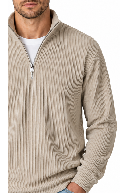 Ventorino vertical-rib corduroy quarter-zip sweatshirt in khaki — zipper and fabric detail