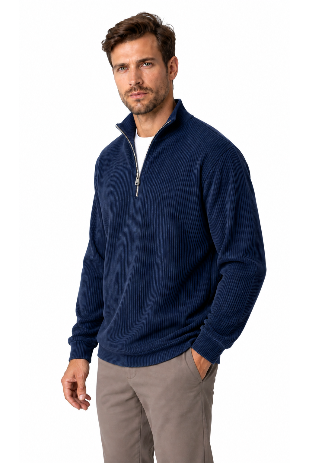 Ventorino vertical-rib corduroy quarter-zip sweatshirt in navy blue — model view