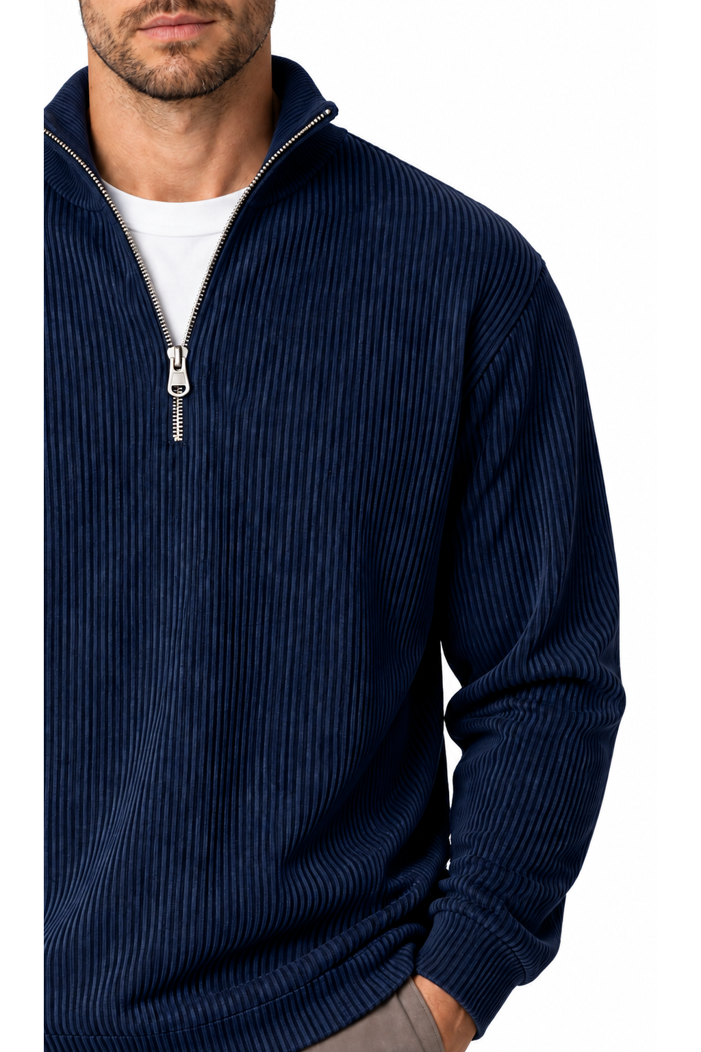 Ventorino vertical-rib corduroy quarter-zip sweatshirt in navy blue — zipper and fabric detail