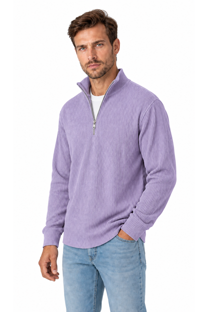 Ventorino vertical-rib corduroy quarter-zip sweatshirt in purple — model view