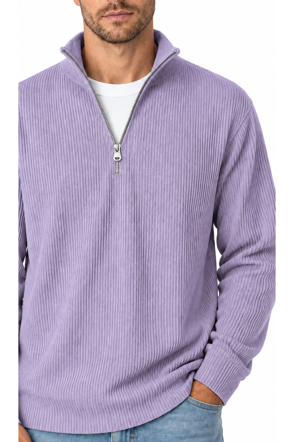 Ventorino vertical-rib corduroy quarter-zip sweatshirt in purple — zipper and fabric detail