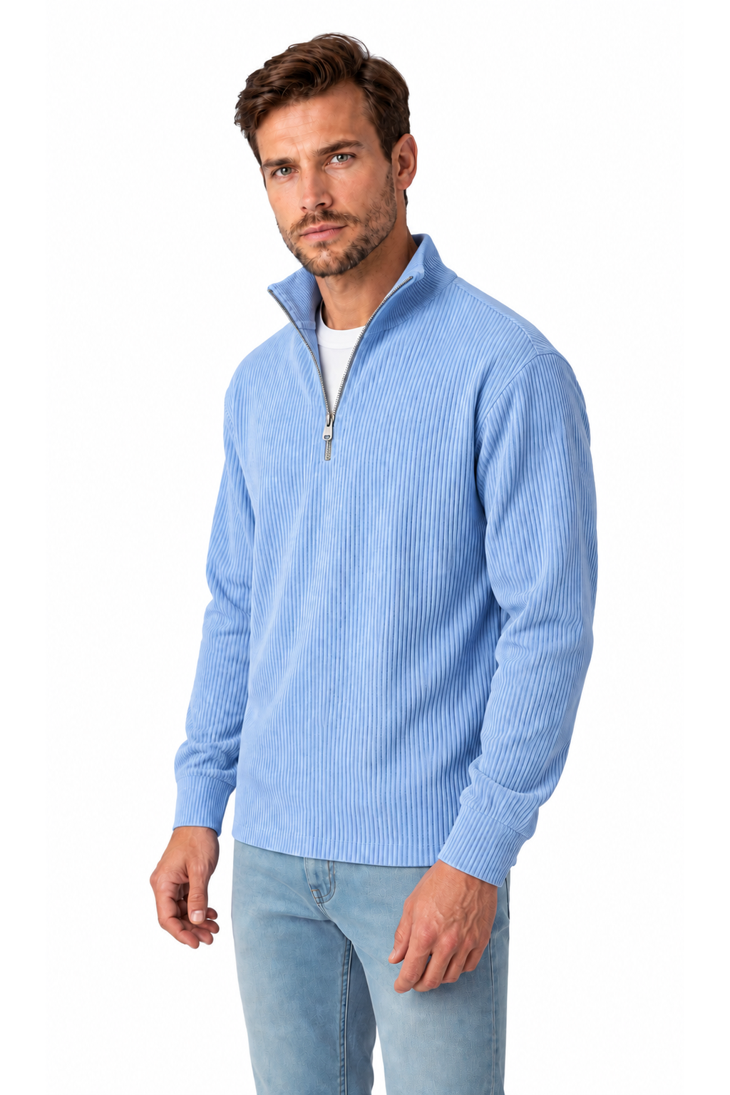 Ventorino vertical-rib corduroy quarter-zip sweatshirt in sky blue — model view