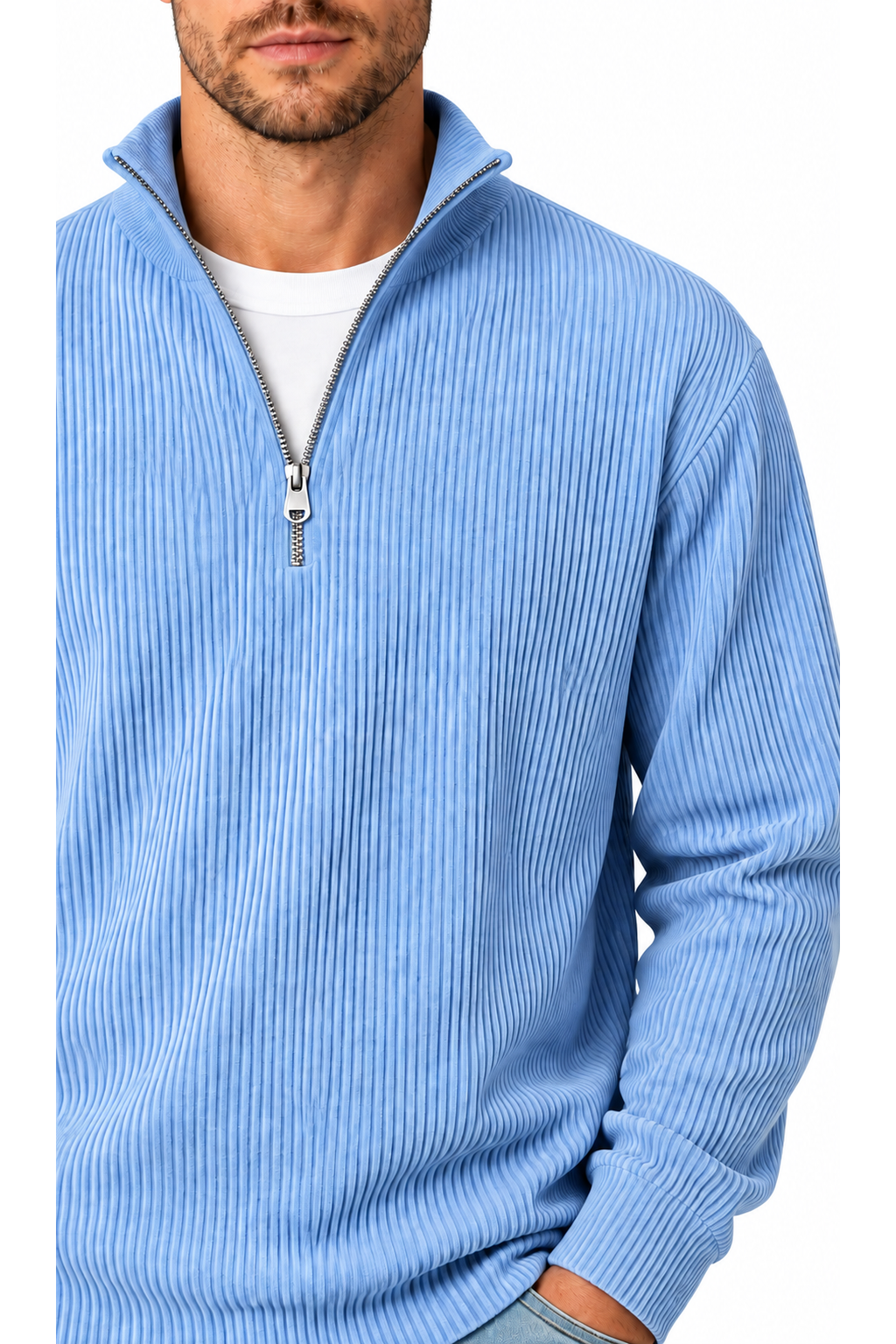 Ventorino vertical-rib corduroy quarter-zip sweatshirt in sky blue — zipper and fabric detail