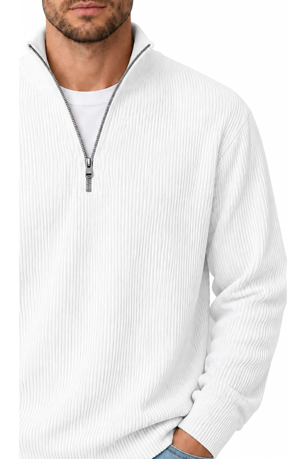 Ventorino vertical-rib corduroy quarter-zip sweatshirt in white — zipper and fabric detail