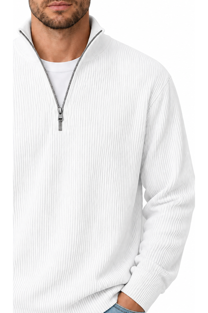 Ventorino vertical-rib corduroy quarter-zip sweatshirt in white — zipper and fabric detail