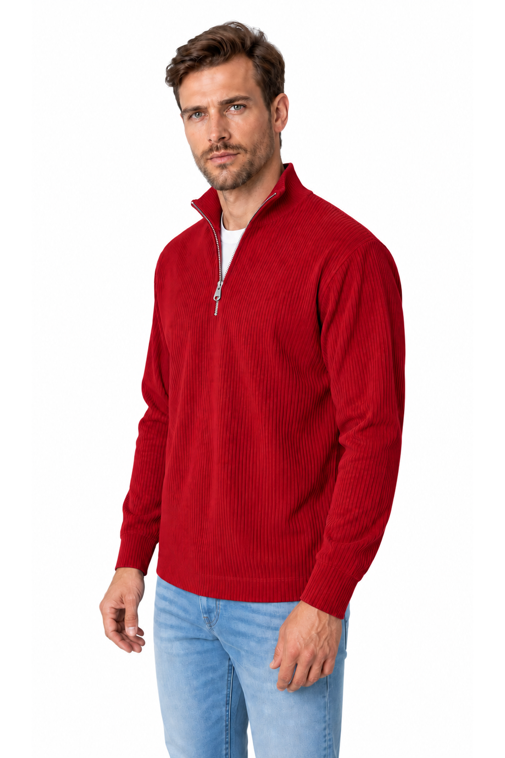 Ventorino vertical-rib corduroy quarter-zip sweatshirt in wine red — model view