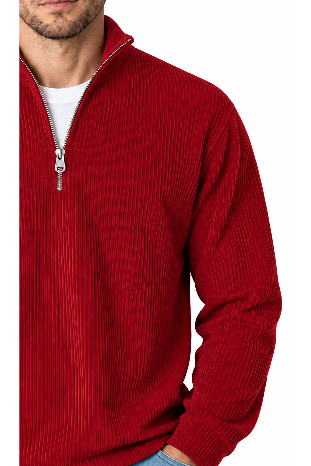 Ventorino vertical-rib corduroy quarter-zip sweatshirt in wine red — zipper and fabric detail