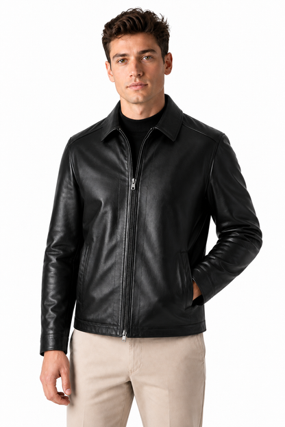 Ventorino Men's Leather Jacket Fleece Lining Warm Finish | Ventorino in Black With Extra Lining — model three-quarter view