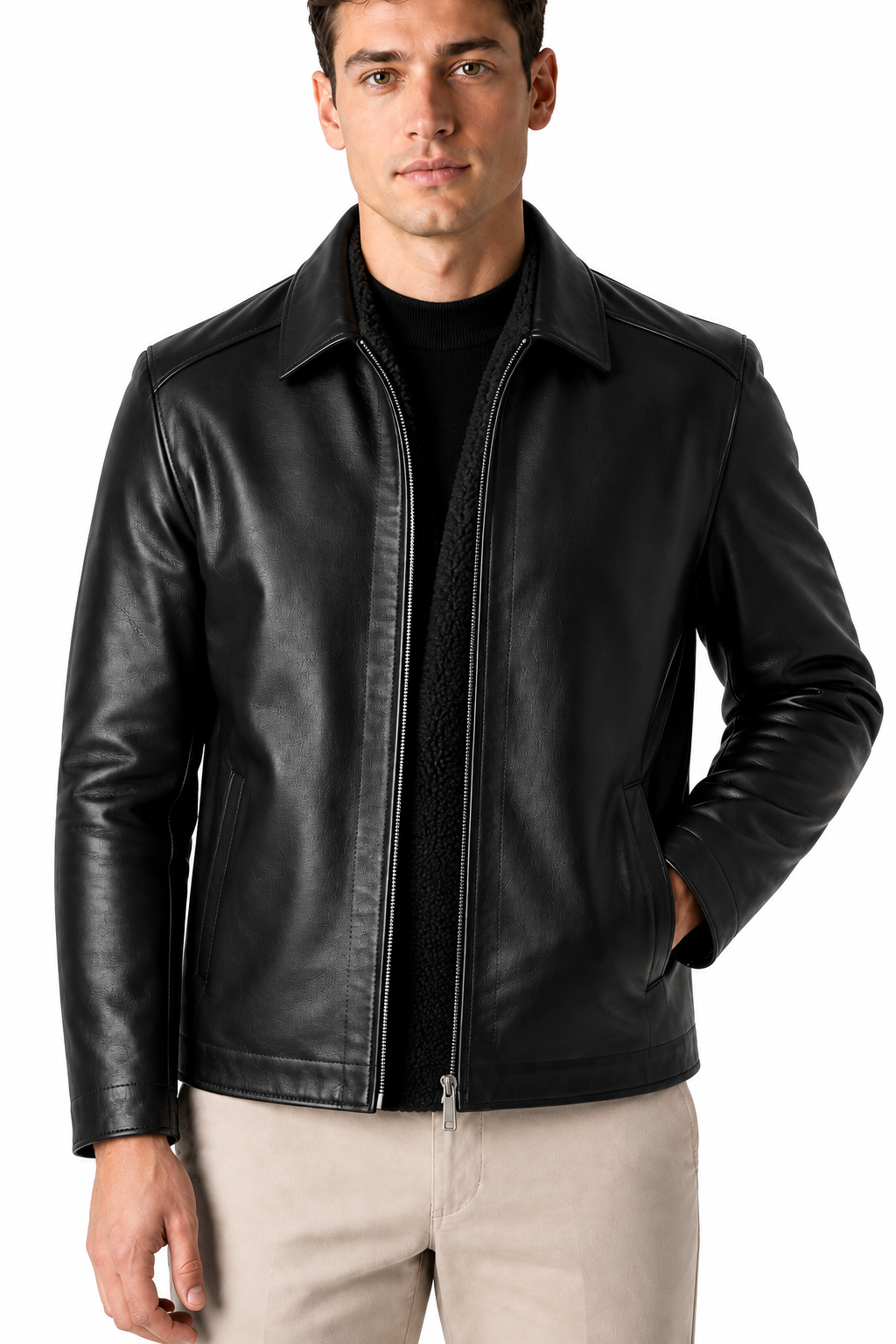 Ventorino Men's Leather Jacket Fleece Lining Warm Finish | Ventorino in Black With Extra Lining — garment and fabric detail