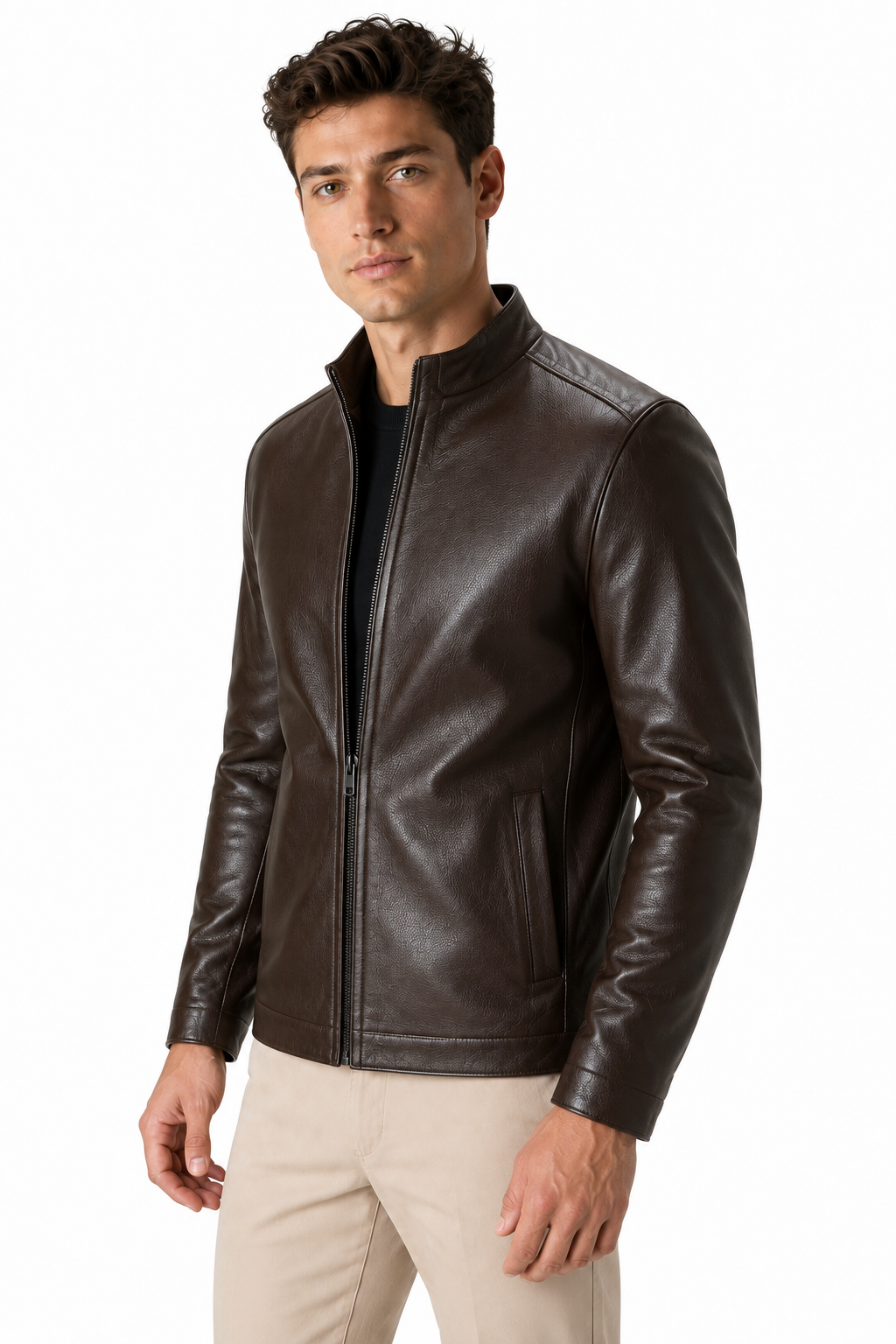 Ventorino Men's Leather Jacket Fleece Lining Warm Finish | Ventorino in Brown — model three-quarter view