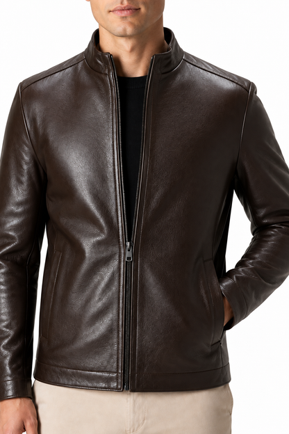 Ventorino Men's Leather Jacket Fleece Lining Warm Finish | Ventorino in Brown — garment and fabric detail