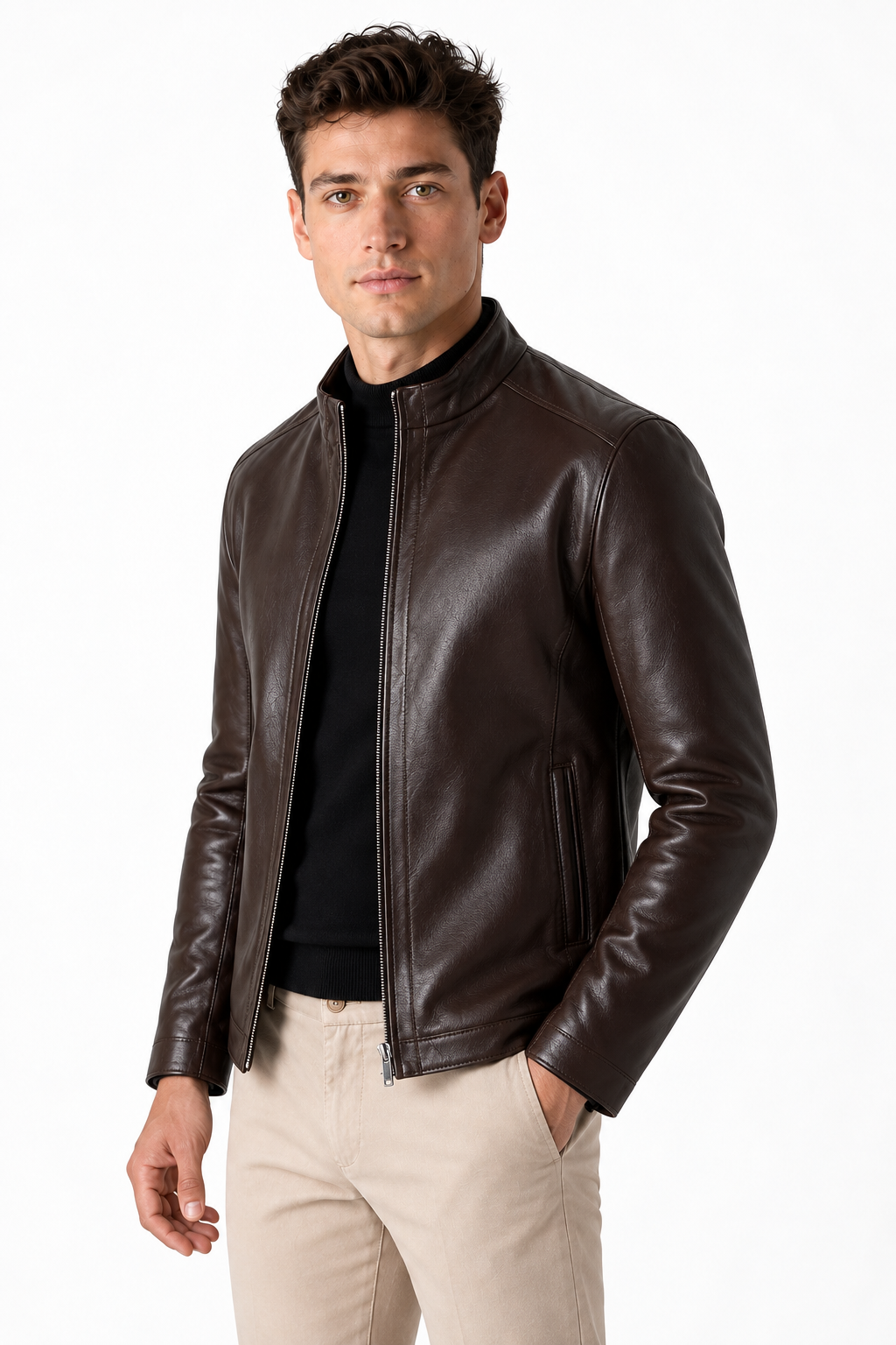Ventorino Men's Leather Jacket Fleece Lining Warm Finish | Ventorino in Brown Extra Thick — model three-quarter view