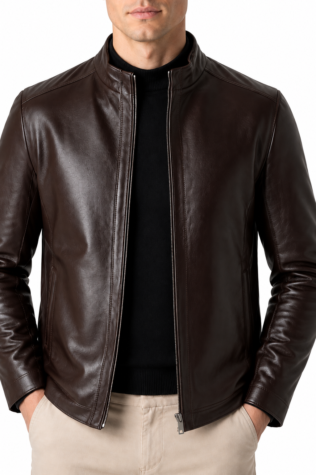 Ventorino Men's Leather Jacket Fleece Lining Warm Finish | Ventorino in Brown Extra Thick — garment and fabric detail