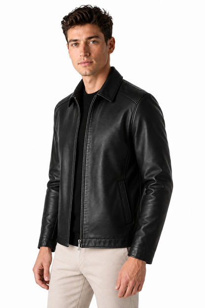 Ventorino Men's Leather Jacket Fleece Lining Warm Finish | Ventorino in Black — model three-quarter view