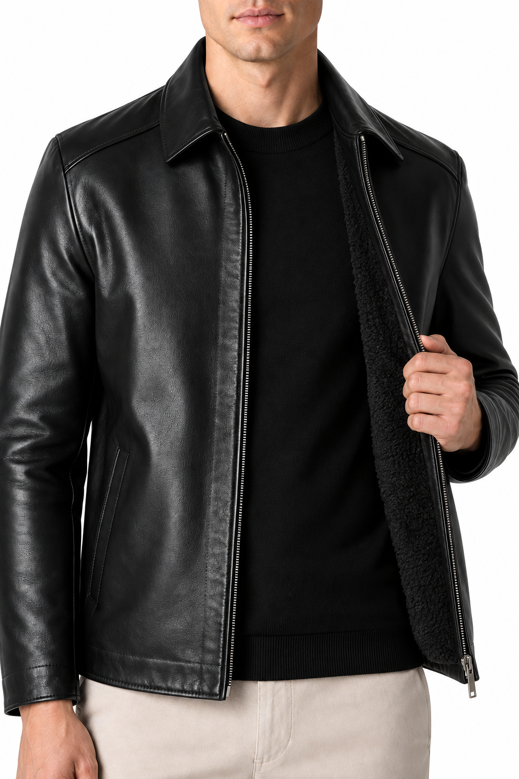 Ventorino Men's Leather Jacket Fleece Lining Warm Finish | Ventorino in Black — garment and fabric detail