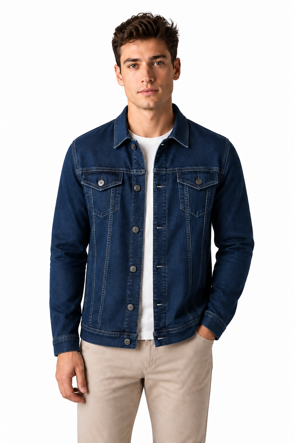 Ventorino denim trucker jacket in navy blue — model view