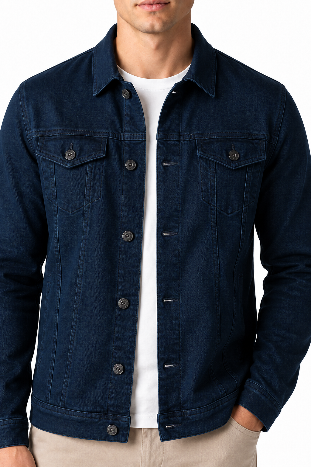Ventorino denim trucker jacket in navy blue — denim and button detail