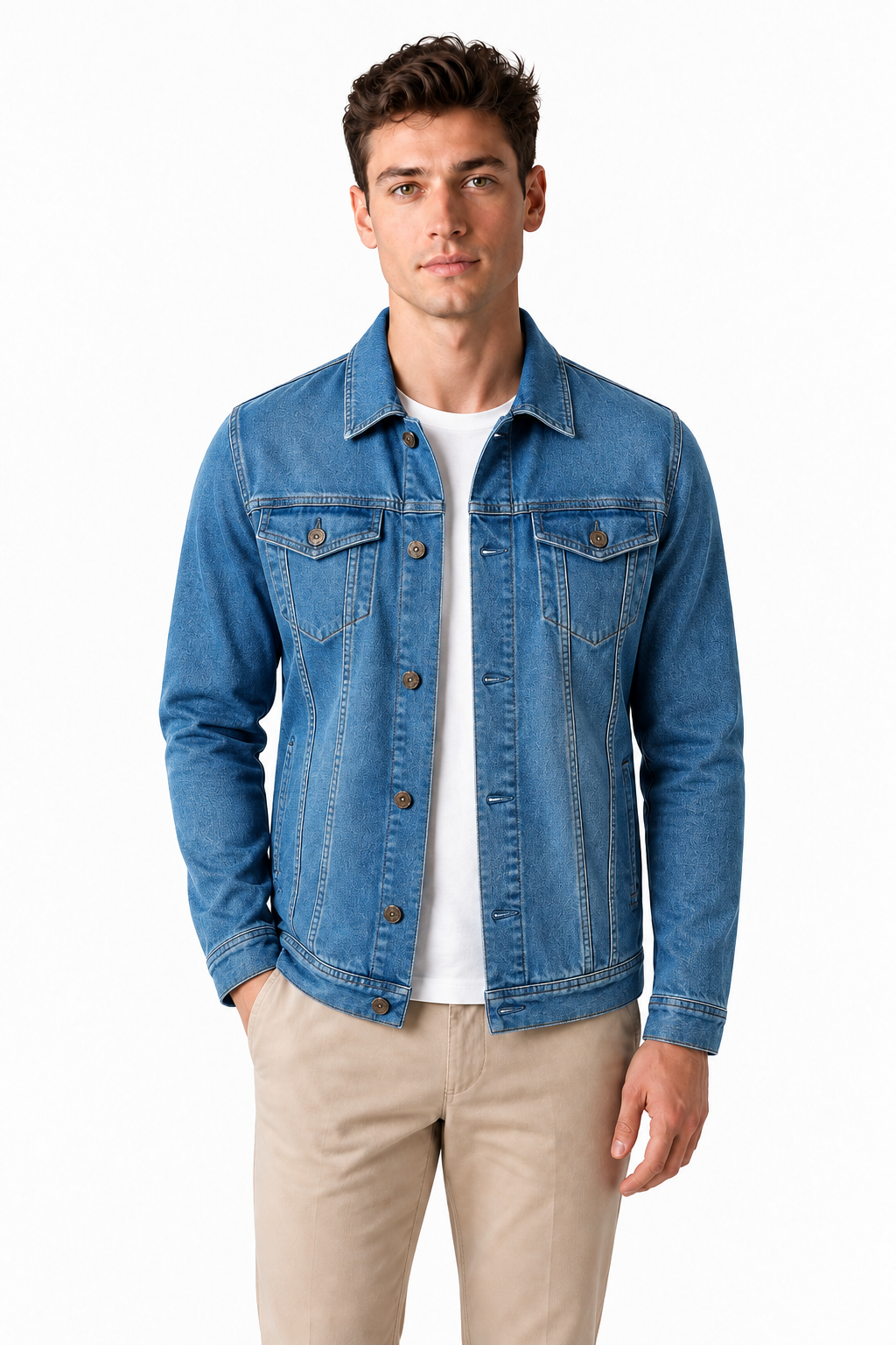 Ventorino denim trucker jacket in blue — model view