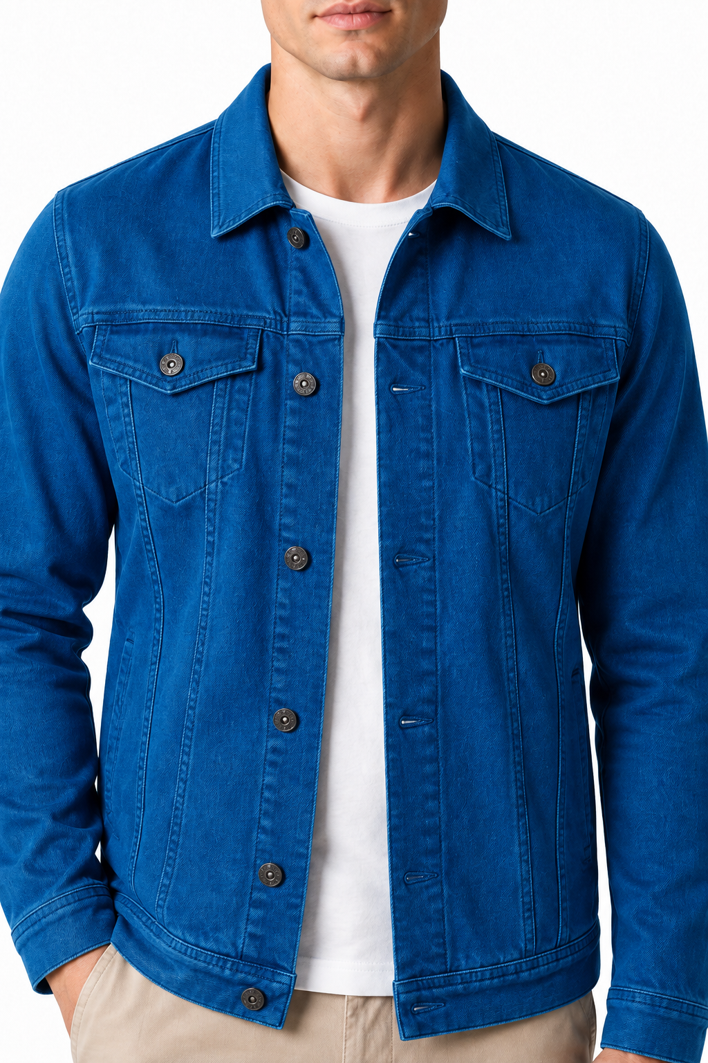 Ventorino denim trucker jacket in blue — denim and button detail