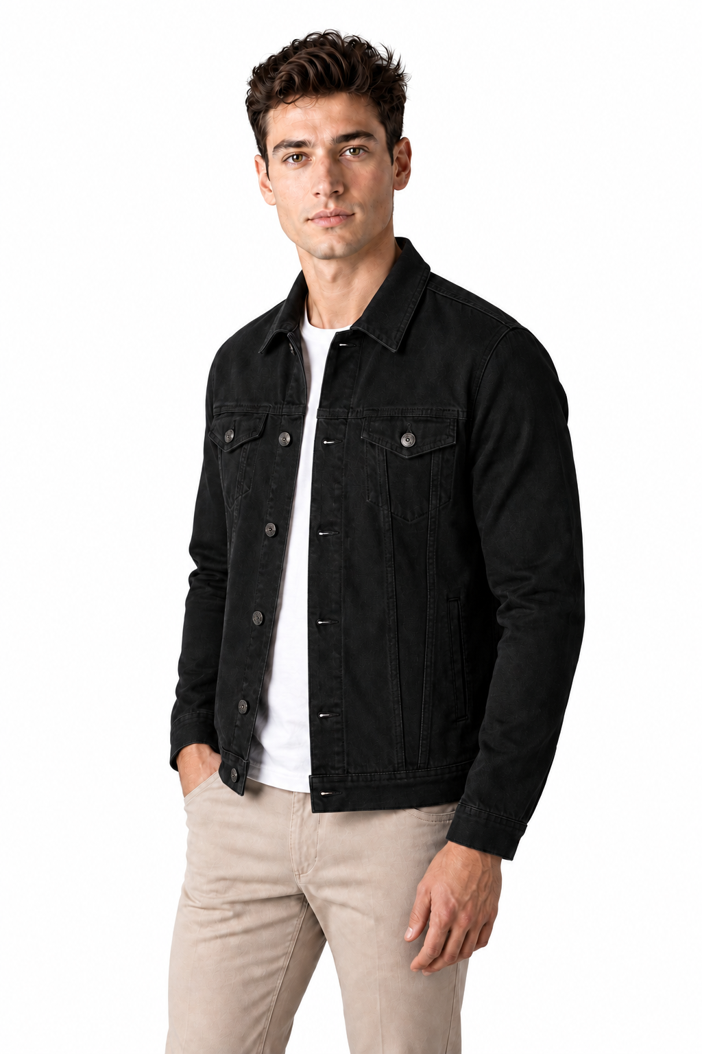 Ventorino denim trucker jacket in black — model view