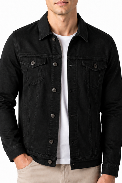 Ventorino denim trucker jacket in black — denim and button detail
