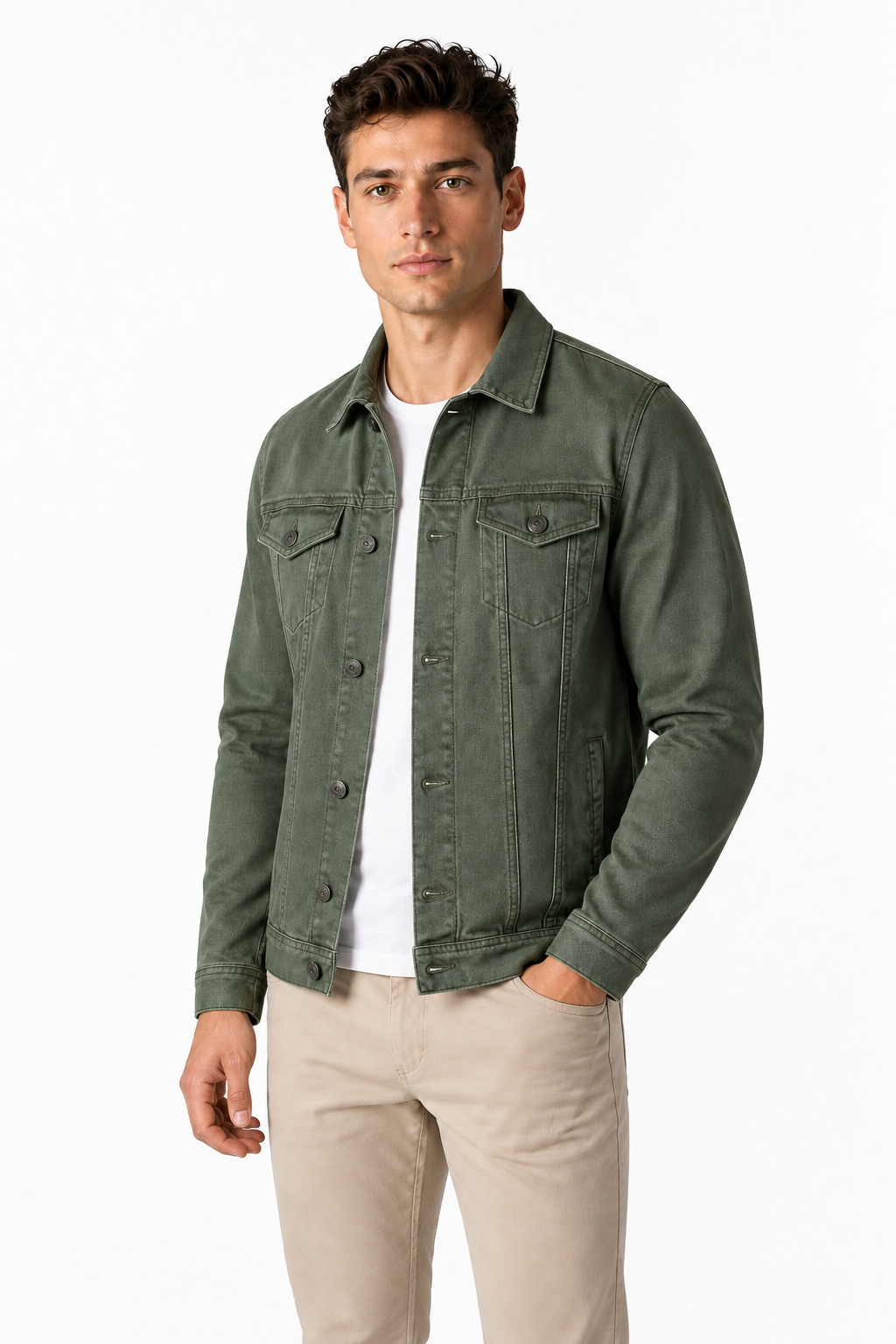 Ventorino denim trucker jacket in green — model view