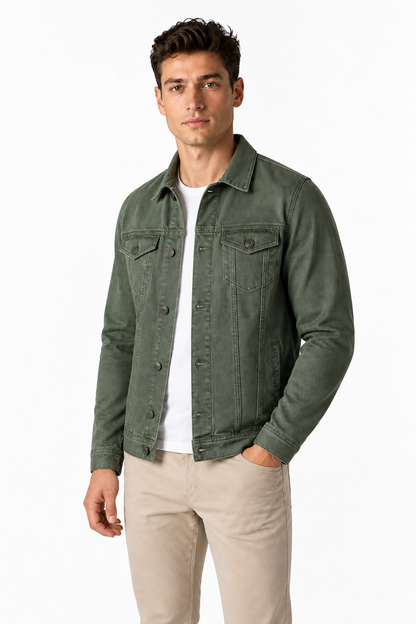 Ventorino denim trucker jacket in green — model view