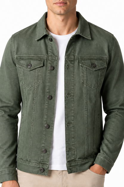 Ventorino denim trucker jacket in green — denim and button detail