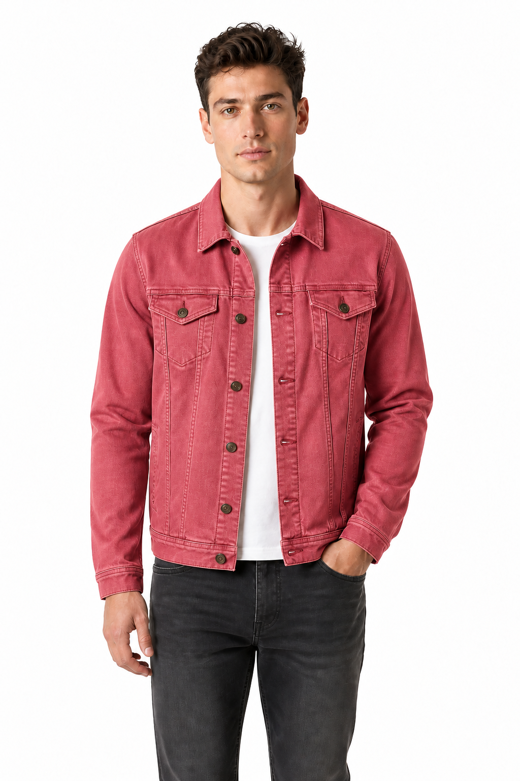 Ventorino denim trucker jacket in rose red — model view