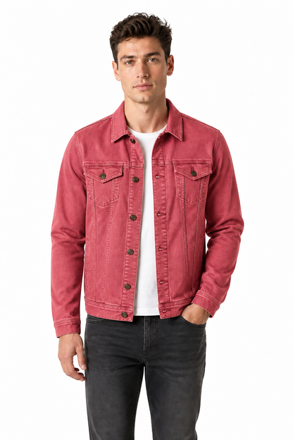 Ventorino denim trucker jacket in rose red — model view