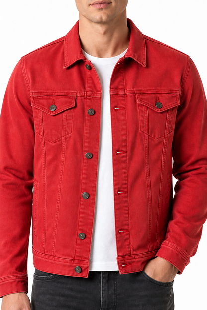 Ventorino denim trucker jacket in rose red — denim and button detail