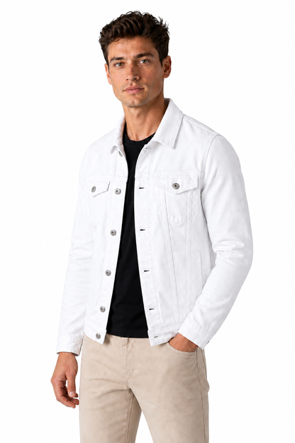 Ventorino denim trucker jacket in white — model view