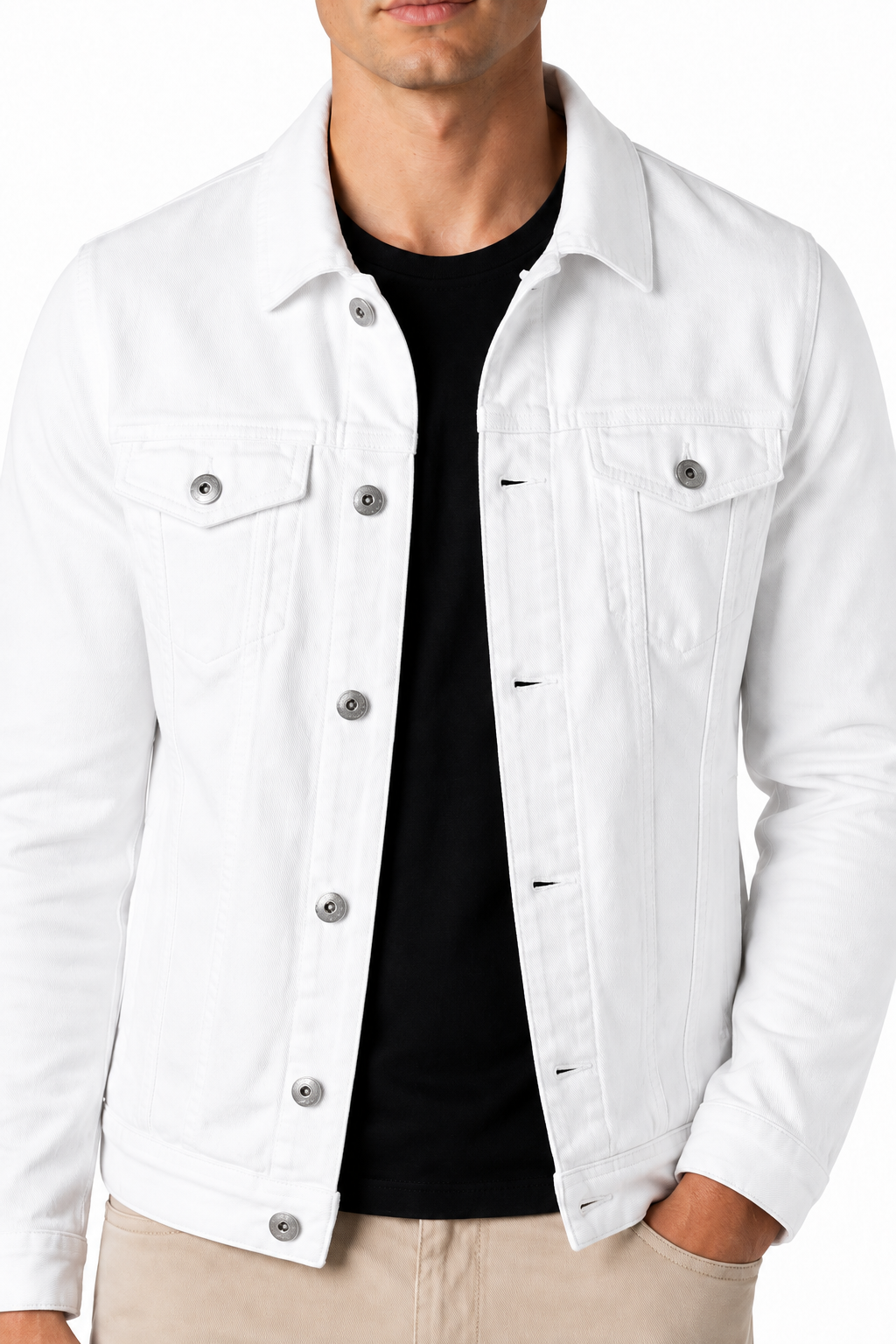 Ventorino denim trucker jacket in white — denim and button detail