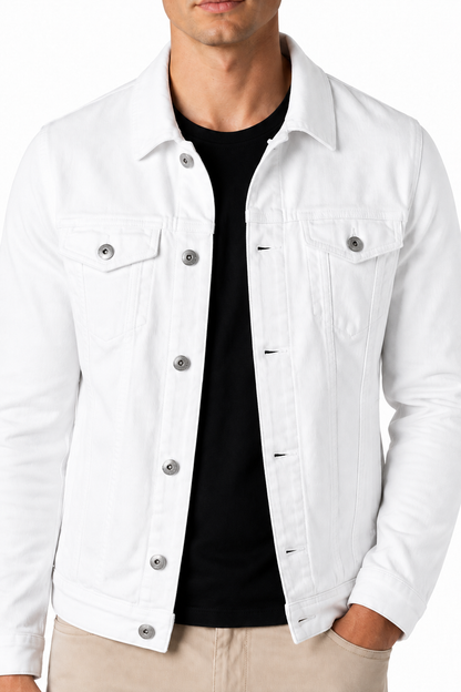 Ventorino denim trucker jacket in white — denim and button detail
