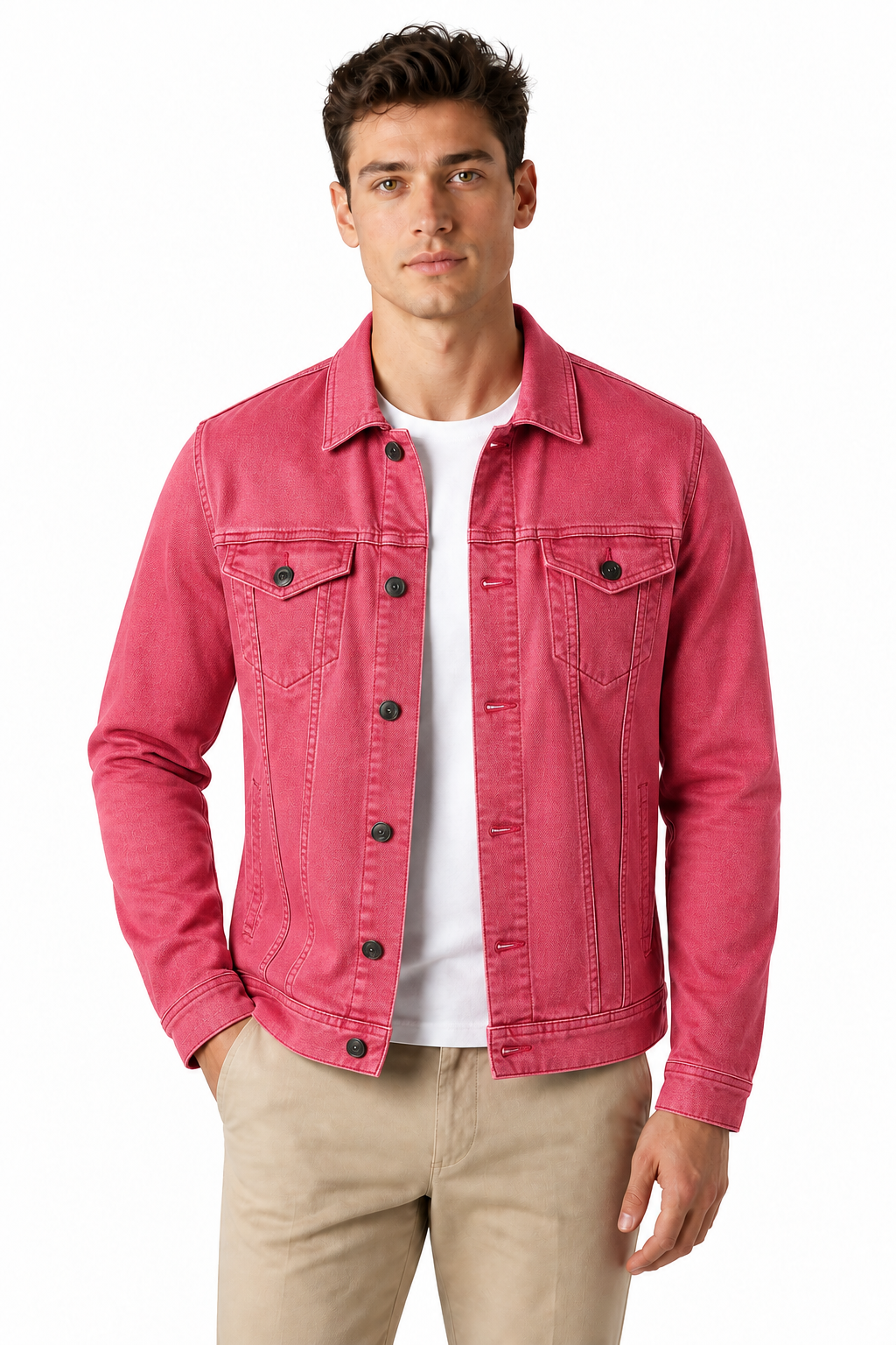 Ventorino denim trucker jacket in rose red — model view