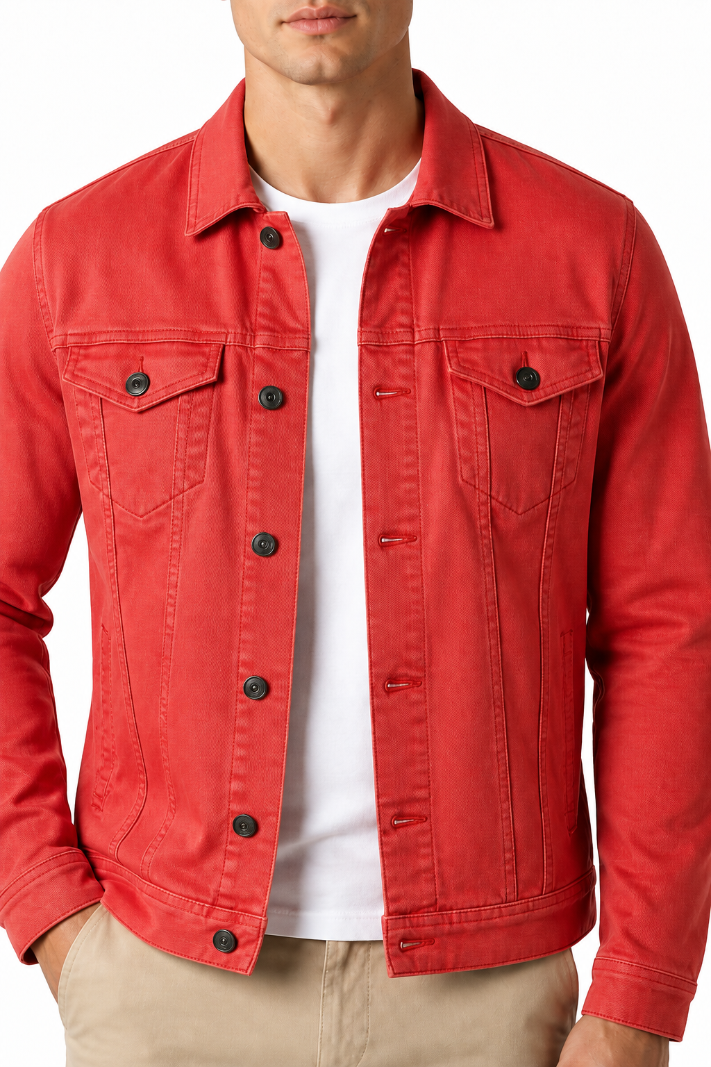 Ventorino denim trucker jacket in rose red — denim and button detail