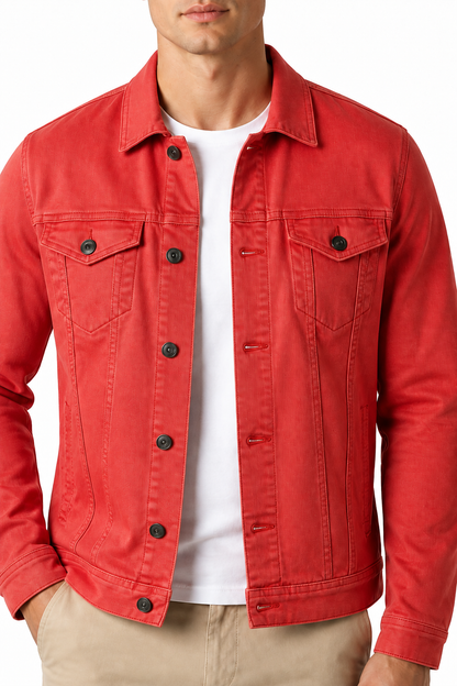Ventorino denim trucker jacket in rose red — denim and button detail