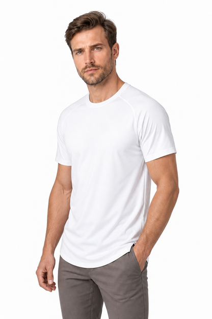 Ventorino Men's T-Shirt Stretch Fabric Performance Fit | Ventorino in White — model three-quarter view
