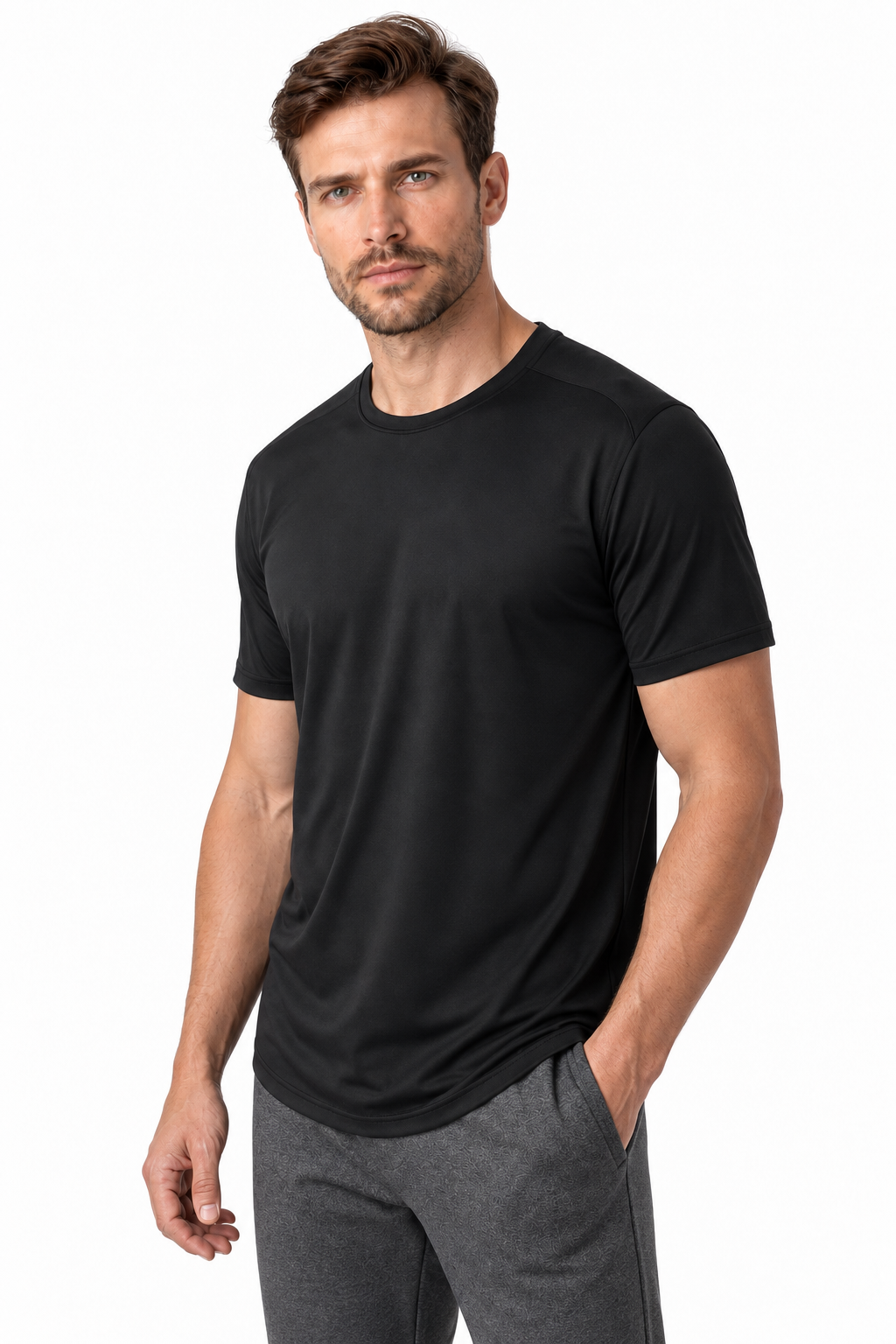 Ventorino Men's T-Shirt Stretch Fabric Performance Fit | Ventorino in Black — model three-quarter view