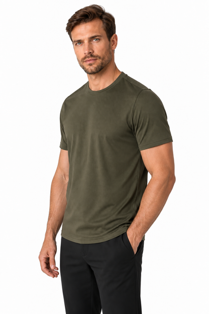Ventorino Men's T-Shirt Stretch Fabric Performance Fit | Ventorino in Green with letter — model three-quarter view