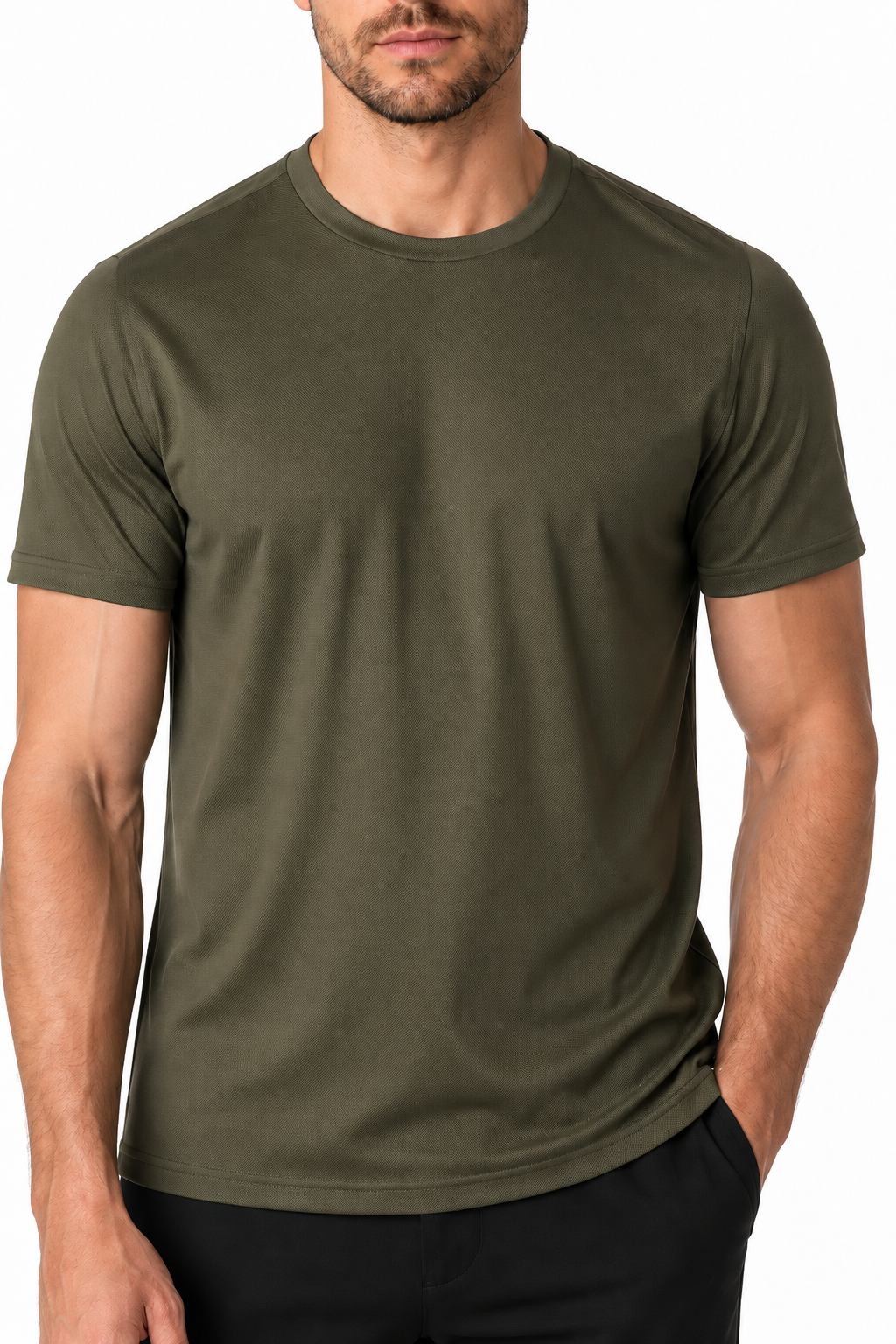 Ventorino Men's T-Shirt Stretch Fabric Performance Fit | Ventorino in Green with letter — garment and fabric detail