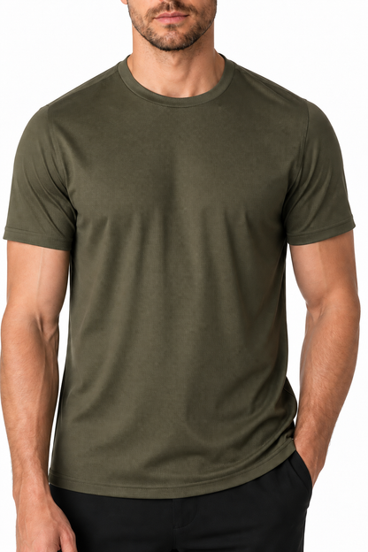 Ventorino Men's T-Shirt Stretch Fabric Performance Fit | Ventorino in Green with letter — garment and fabric detail