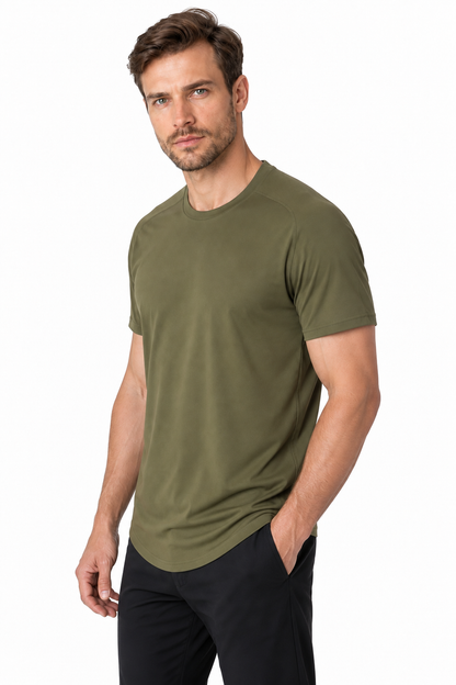 Ventorino Men's T-Shirt Stretch Fabric Performance Fit | Ventorino in Army Green — model three-quarter view