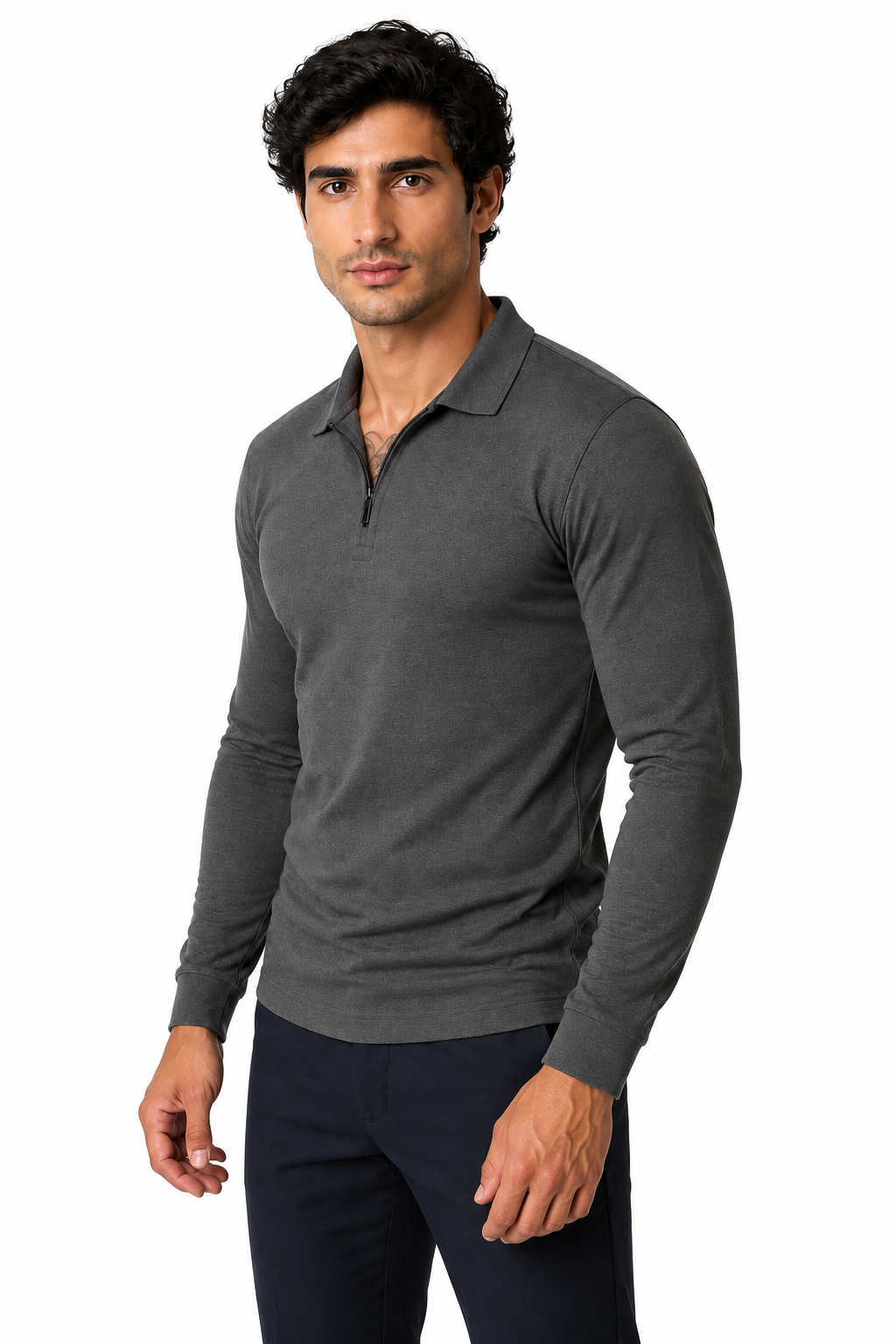 Ventorino Men's Polo Shirt Slim Fit Long Sleeves | Ventorino in Dark Grey — model three-quarter view
