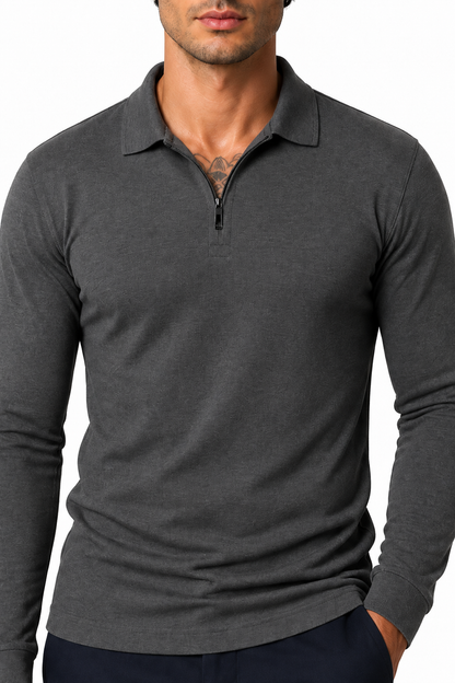 Ventorino Men's Polo Shirt Slim Fit Long Sleeves | Ventorino in Dark Grey — garment and fabric detail